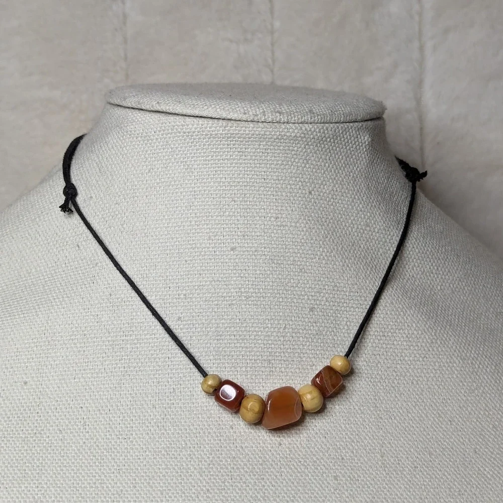 Carnelian Chunk and Wood Beaded Boho Hippie Adjustable Necklace_3